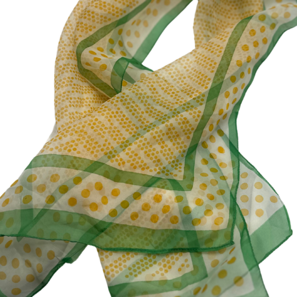 Chic Yellow Polka Dot Silk Scarf with Green Border - Lightweight and Stylish - Swaggy Steals