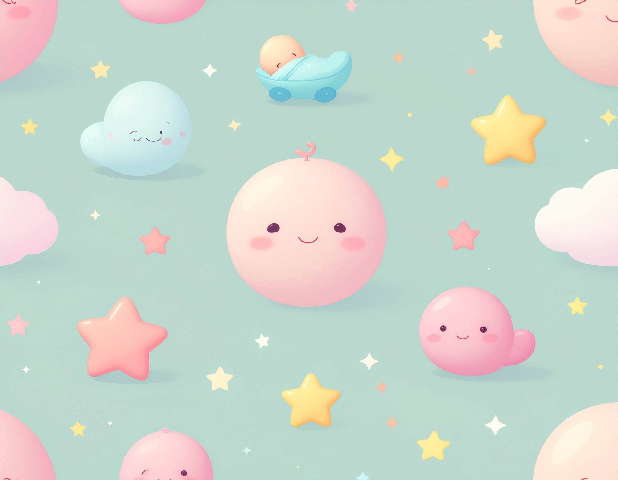Kawaii Nursery Wallpaper – Pastel Stars & Cute Characters - Swaggy Steals