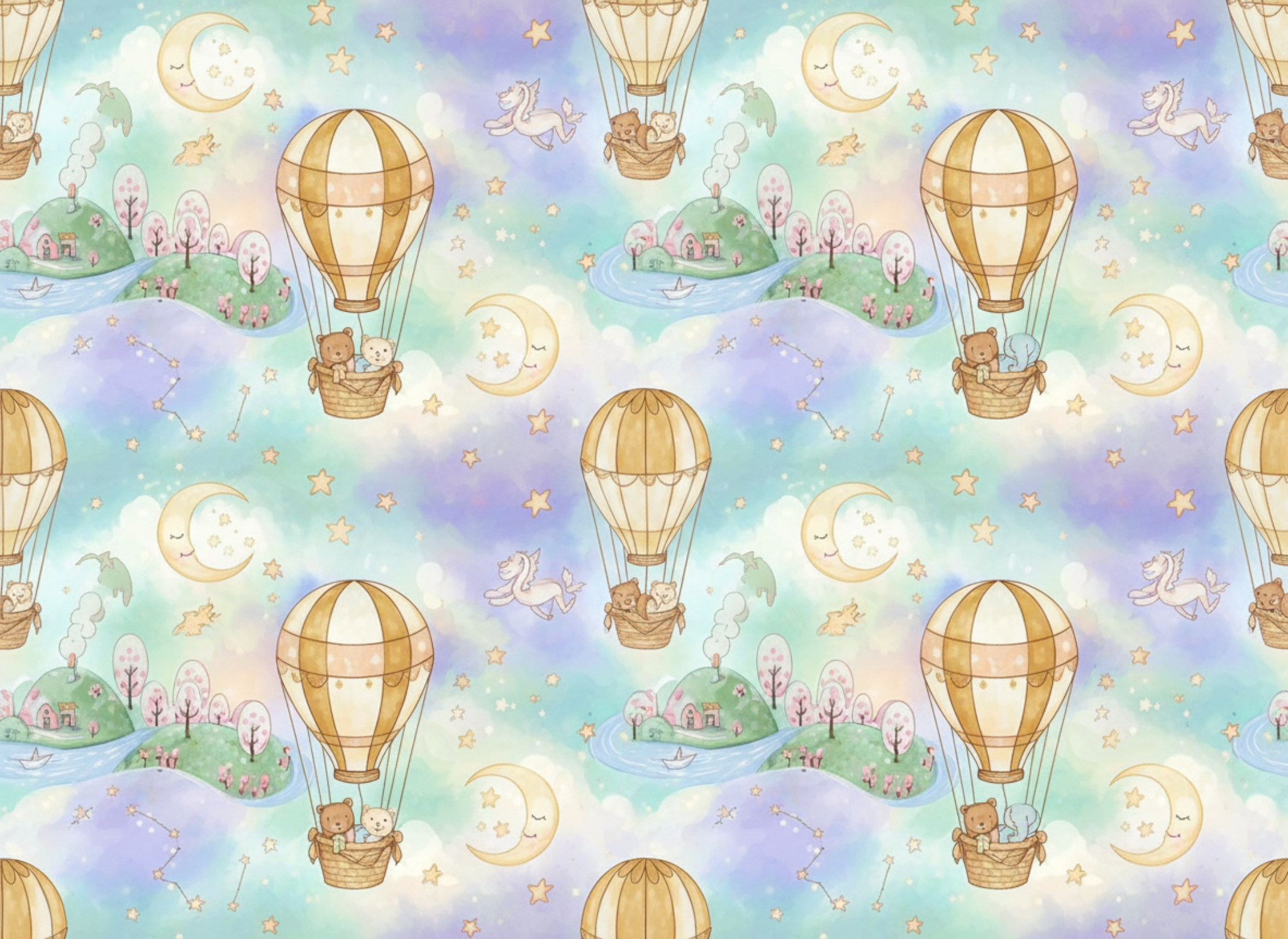 Watercolor Hot Air Balloon Nursery Wallpaper – Storybook Sky & Moon - Swaggy Steals